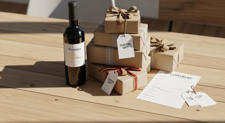 Presentes embalados com garrafa de vinho premium sobre mesa de madeira iluminada