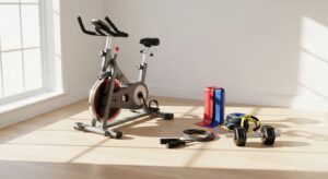 equipamentos de treino em casa com bicicleta ergométrica, corda, elásticos e halteres