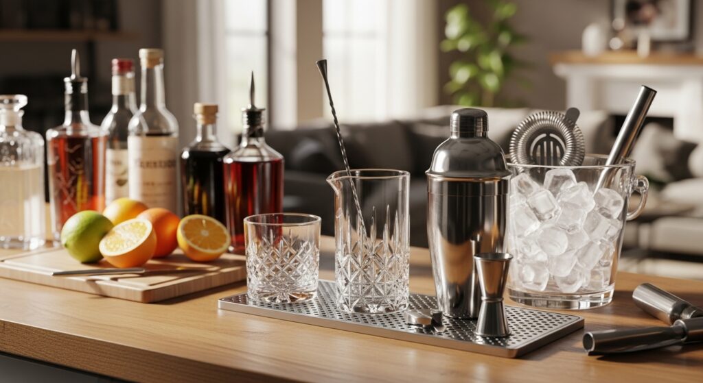 Bar caseiro com utensílios e ingredientes para drinks em mesa de madeira iluminada