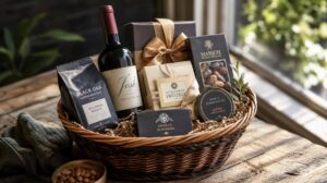 Cesta gourmet com vinho, cafés especiais e embalagens elegantes sobre mesa rústica
