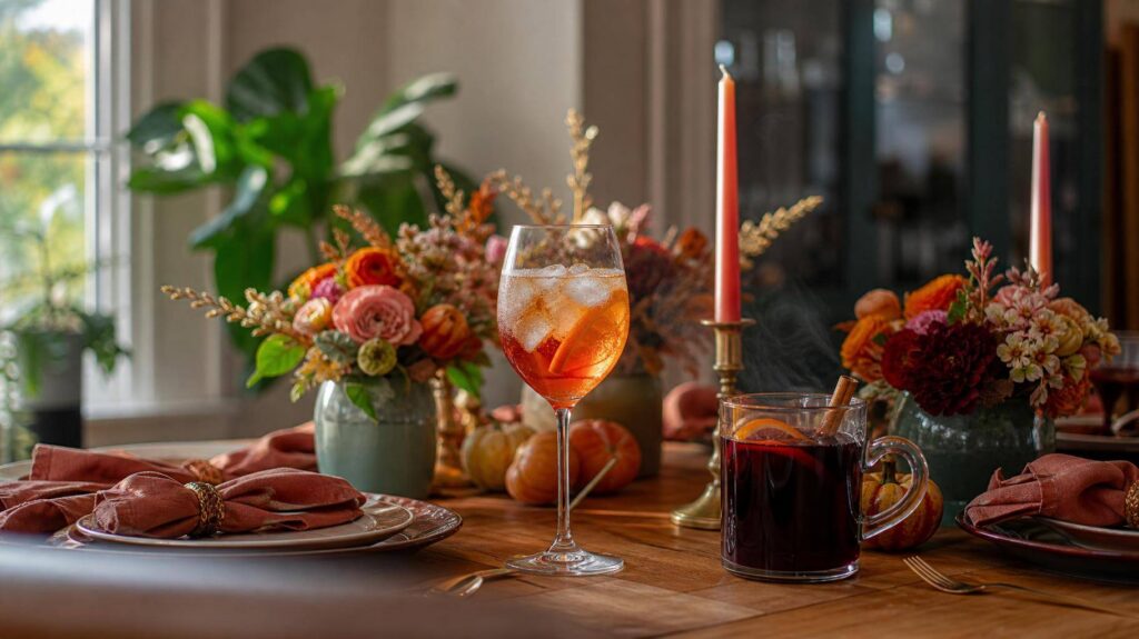 Mesa de reunião em casa decorada para encontro sazonal com drinks