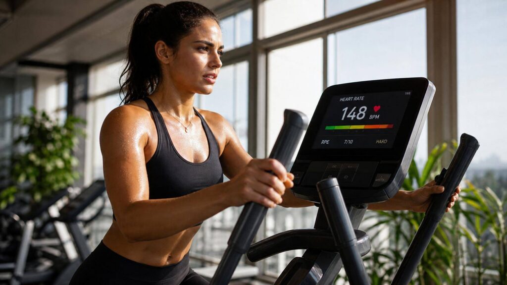 Atleta fazendo treino de cardio de baixo impacto no elíptico profissional