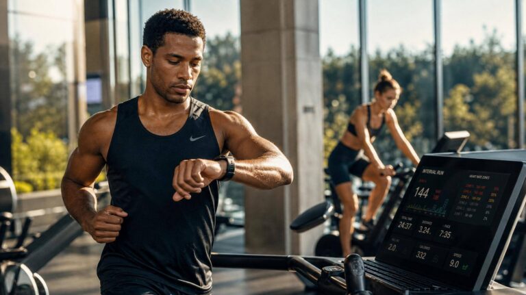 Atleta correndo na esteira monitorando zonas de intensidade no relógio fitness