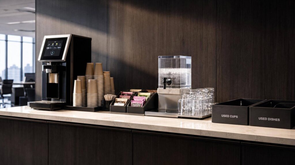 Estação de suporte com cafeteira, dispenser de água e materiais organizados em escritório
