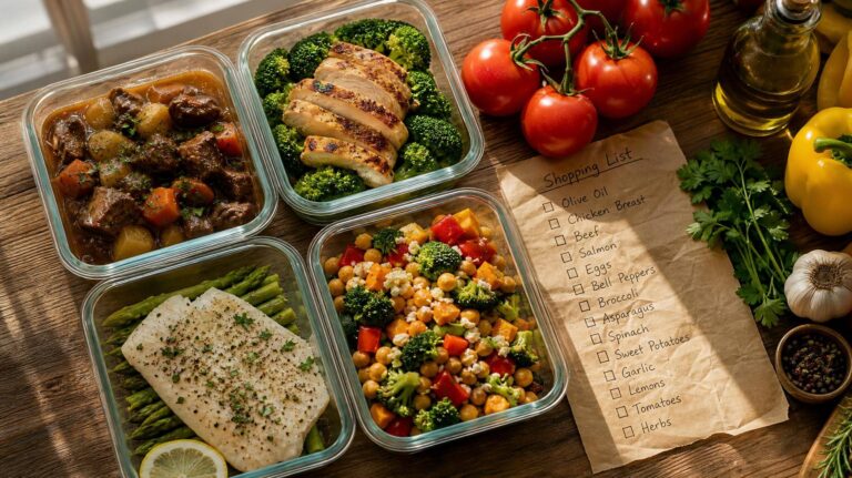 Preparação de refeições semanais com variedades de proteínas e checklist