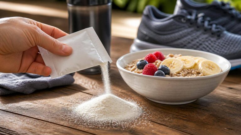 Sachê de maltodextrina sobre mesa com aveia integral e frutas