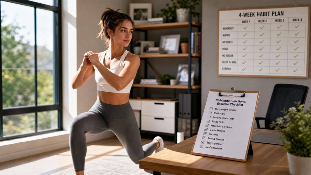 Mulher realizando exercício funcional de 10 minutos em escritório doméstico com checklist e calendário