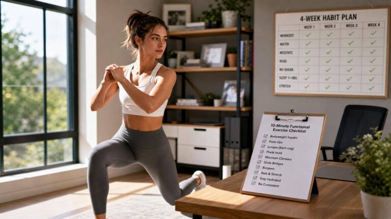 Mulher realizando exercício funcional de 10 minutos em escritório doméstico com checklist e calendário