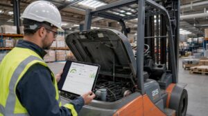 Técnico faz manutenção em empilhadeira em galpão logístico moderno