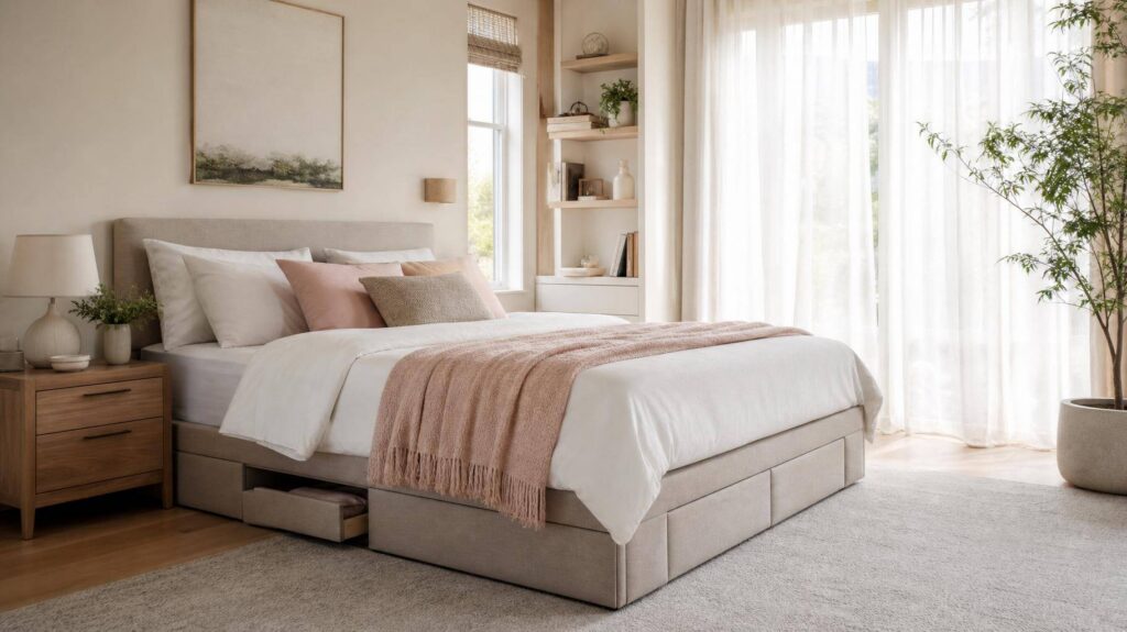 Quarto funcional com cama box, luz natural e decoração minimalista.