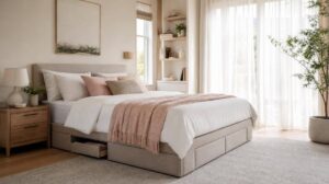 Quarto funcional com cama box, luz natural e decoração minimalista.