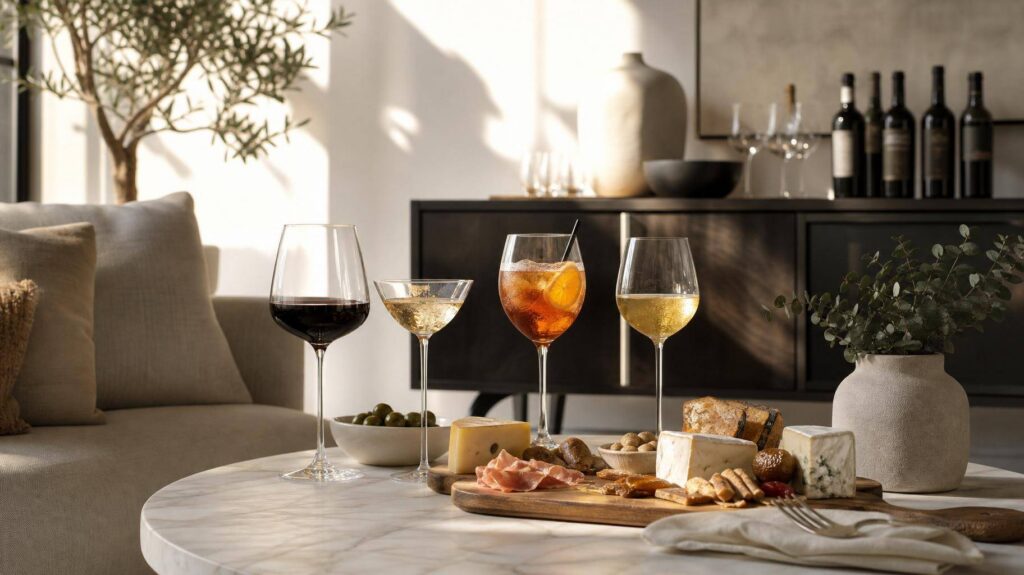 Reunião minimalista em casa com drinks de vinho e tábua de queijos
