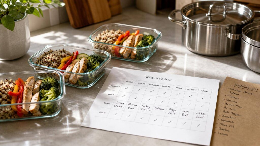 Potes com frango para batch cooking e calendário semanal