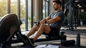 Atleta realizando treino inteligente em academia com aparelho e monitorando métricas