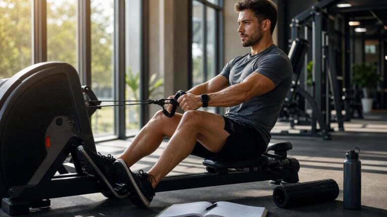 Atleta realizando treino inteligente em academia com aparelho e monitorando métricas