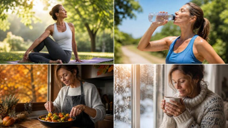 Colagem de quatro cenas sazonais com práticas de bem-estar e alimentação