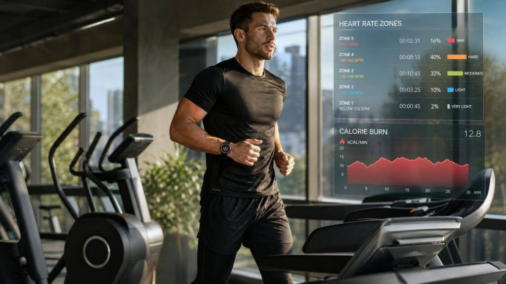 Atleta fazendo cardio no elíptico e na esteira com monitor de frequência cardíaca