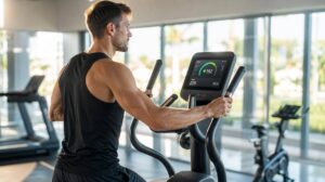 Atleta em elíptico em academia iluminada por luz natural