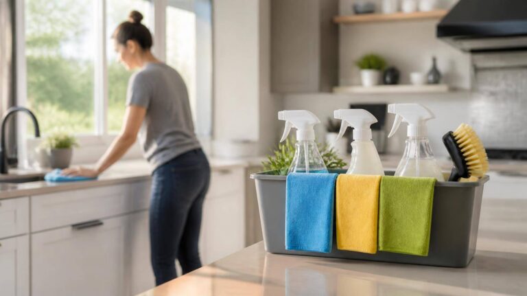 Pessoa organizando acessórios de limpeza em cozinha iluminada por luz natural
