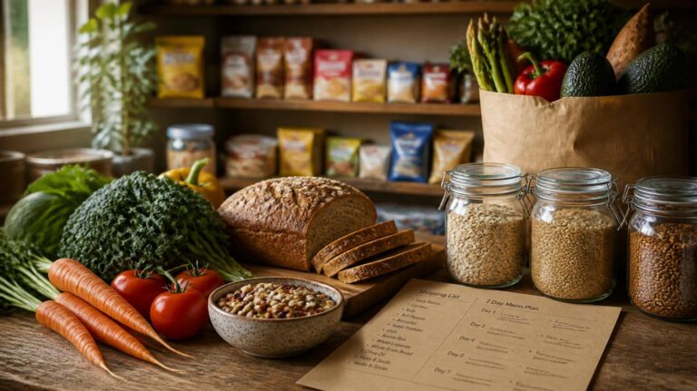 Bancada de cozinha com alimentos naturais frescos e lista de compras